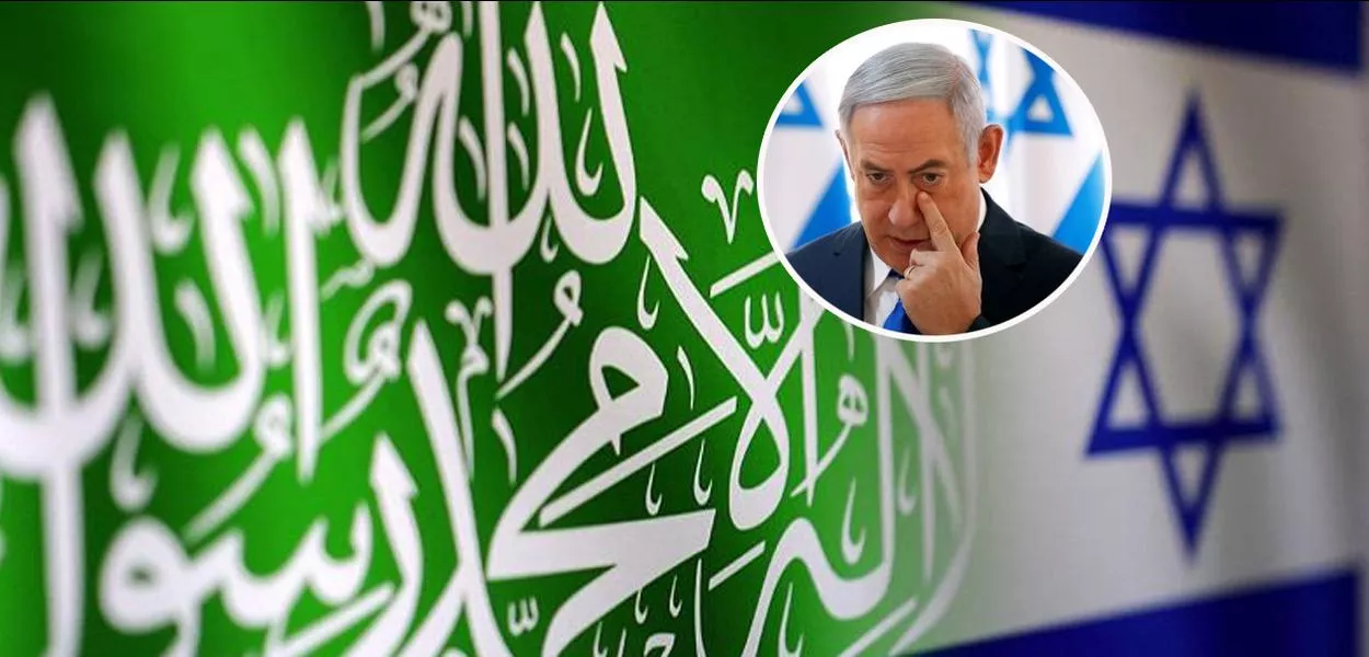 Bandeiras do Hamas e de Israel e Benjamin Netanyahu