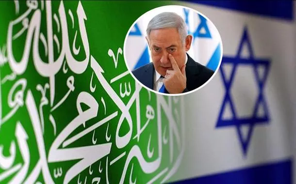 Bandeiras do Hamas (verde), de Israel e Benjamin Netanyahu 