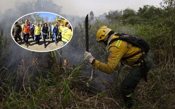 Agente combatendo o fogo no Pantanal (mais destaque) e Marina Silva (roupa amarela) ao lado de Simone Tebet (roupa preta) junto com outras lideranças no Mato Grosso do Sul  
