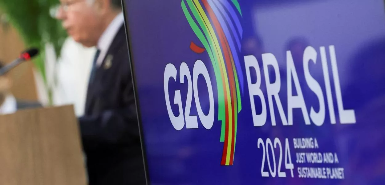Logotipo do G20 é exibido em reunião do grupo no Rio de Janeiro