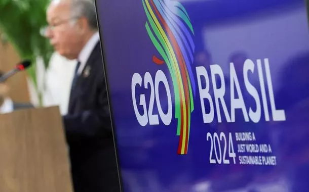 Logotipo do G20 é exibidob2xbet como sacarreunião do grupo no Riob2xbet como sacarJaneiro