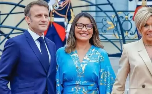 O  presidente da França, Emmanuel Macron, a primeira-dama Janja e Brigitte