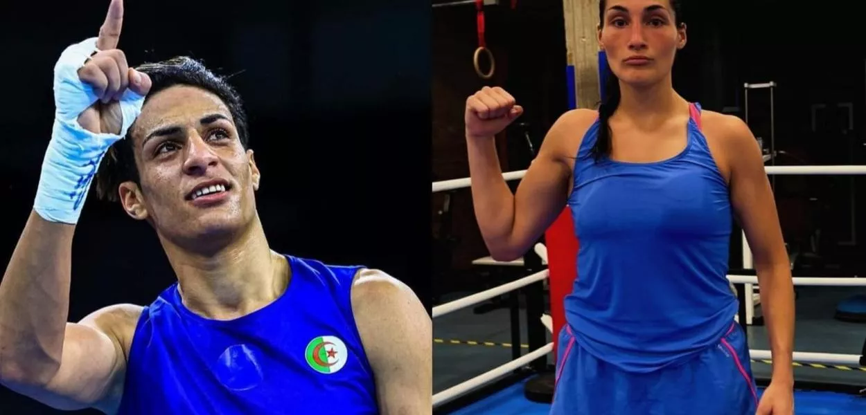 Imane Khelif (atleta trans à esquerda) e Angela Carini (à direita)  boxeadora italiana
