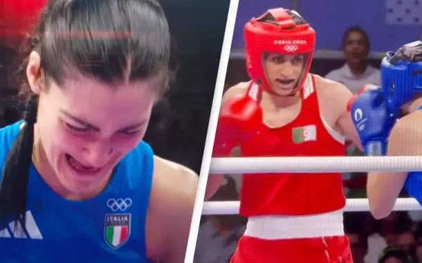 Angela Carini, boxeadora italiana chorando (à esquerda) e Imane Khelif, boxeadora trans da Argélia (à direita)