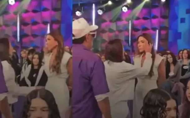 Patrícia Abravanel, apresentadora e filha de Silvio Santos (1930-2024), se emociona e é consolada pela produção do SBT no "Programa Silvio Santos", que ela comandará