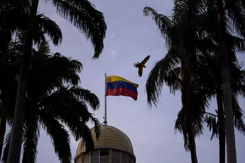 Uma arara voa perto de bandeira venezuelana no Palácio Federal Legislativo, em Caracas, Venezuela - 16/04/2024