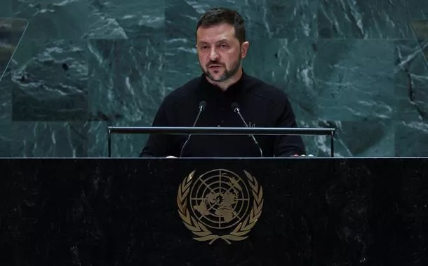 Presidente da Ucrânia, Volodymyr Zelenskiy, durante discurso na Assembleia Geral da ONU, em Nova York, EUA
25/09/2024
REUTERS/Mike Segar