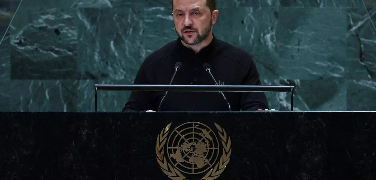 Presidente da Ucrânia, Volodymyr Zelenskiy, durante discurso na Assembleia Geral da ONU, em Nova York, EUA
25/09/2024
REUTERS/Mike Segar