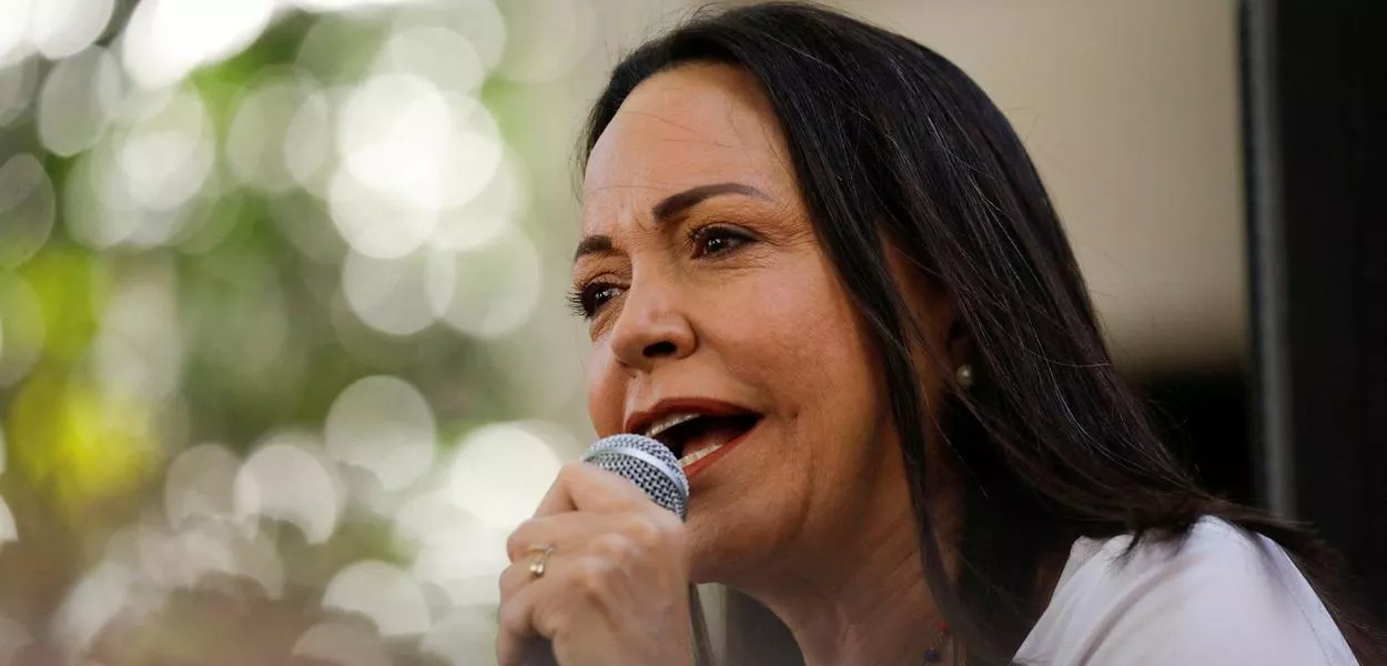 Líder da oposição venezuelana,  María Corina Machado fala a apoiadores em Caracas, Venezuela
23/01/2024