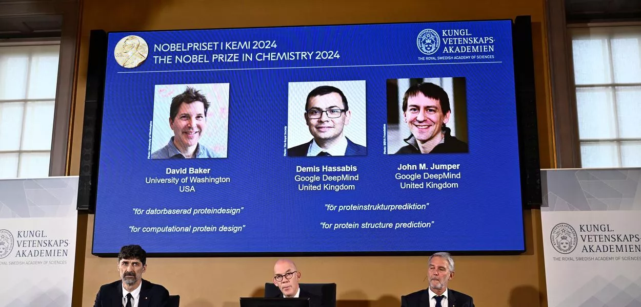 Anúncio dos vencedores do Prêmio Nobel de Química de 2024 em Estocolmo, na Suécia