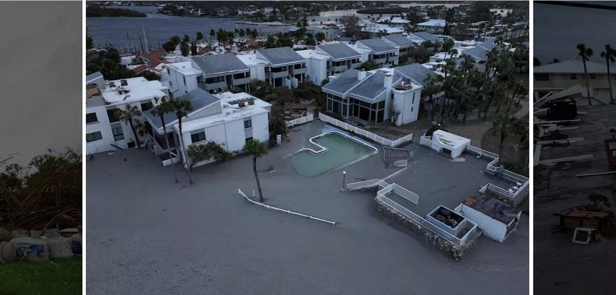 Uma visão de drone mostra edifícios submersos na água depois que o furacão Milton atingiu a costa, em Venice, Flórida