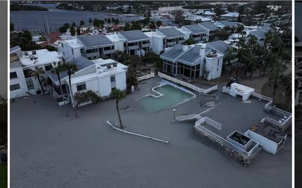 Uma visão de drone mostra edifícios submersos na água depois que o furacão Milton atingiu a costa, em Venice, Flórida