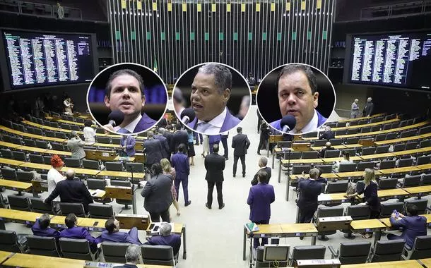 Montagem (da esq. para a dir.): Hugo Motta, Antonio Brito, Elmar Nascimento e a Câmara dos Deputados