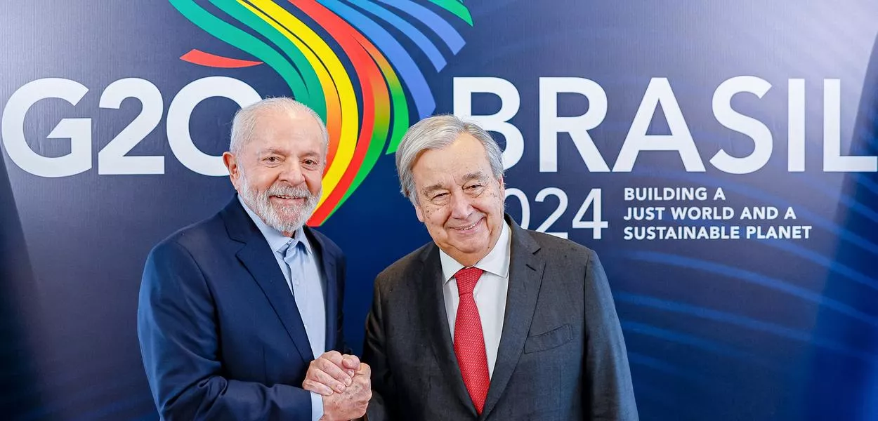 Presidente Lula e o secretário-geral da ONU, António Guterres, antes da cúpula do G20 no Rio de Janeiro
16/11/2024 Ricardo Stuckert/Presidência do Brasil/Divulgação via REUTERS
