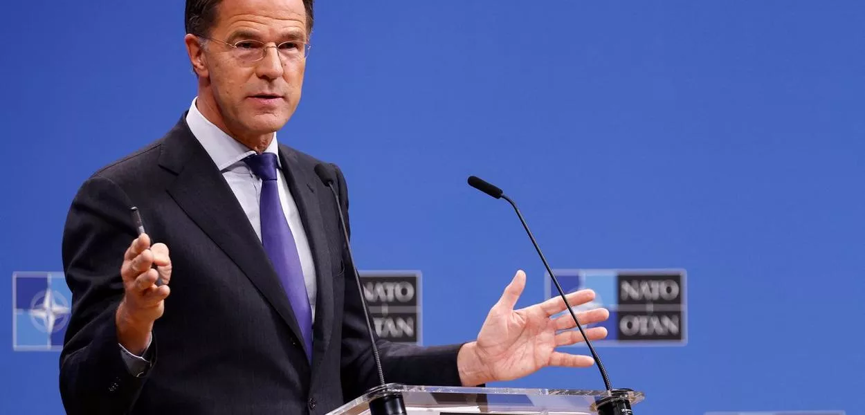 Secretário-geral da OTAN, Mark Rutte, em coletiva de imprensa na sede da aliança em Bruxelas, Bélgica - 04/12/2024