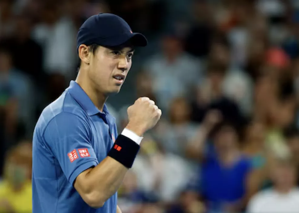 Tênis - Aberto da Austrália - Melbourne Park, Melbourne, Austrália - 12 de janeiro de 2025 - O japonês Kei Nishikori reage durante sua partida de primeira rodada contra o brasileiro Thiago Monteiro