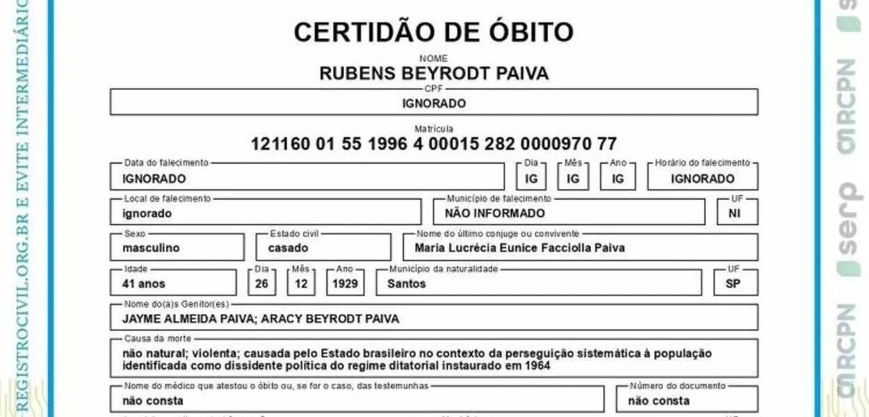 Certidão de óbito de Rubens Paiva retificada emitida pelo Cartório da Sé em São Paulo