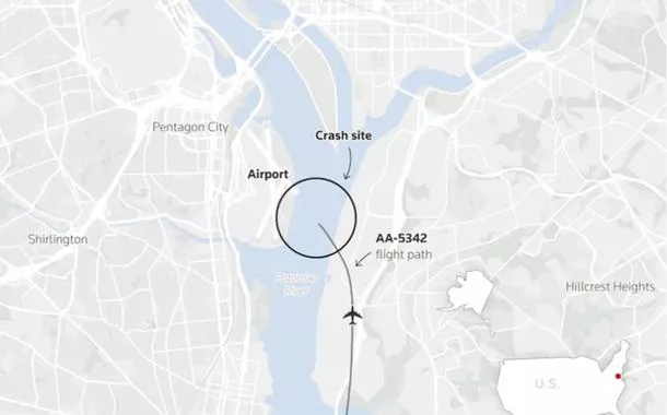 Local do acidente aéreo envolvendo o avião e o helicóptero militar, em Washington