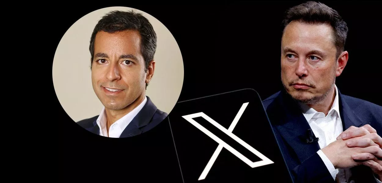 Pedro Moreira, logo do X e Elon Musk