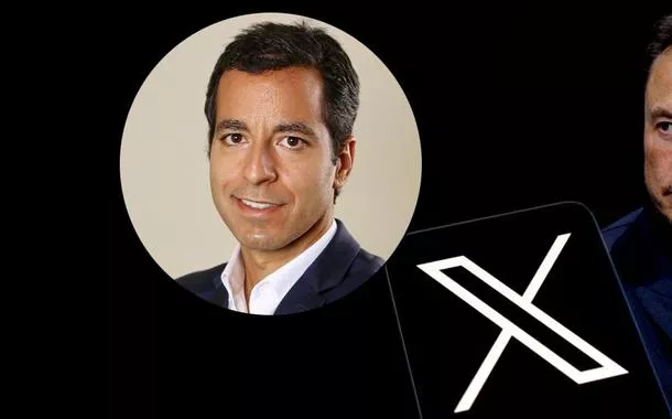 Pedro Moreira, logo do X e Elon Musk