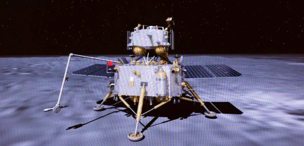 Imagem tirada de uma animação de vídeo no Centro de Controle Aeroespacial de Beijing em 4 de junho de 2024 mostra a combinação do módulo de pouso e ascensor da sonda Chang'e-6 aguardando a decolagem da superfície da Lua
