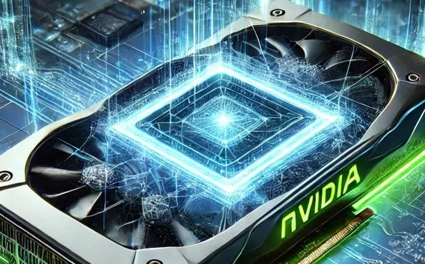 Representação futurista de uma GPU NVIDIA processando cálculos complexos