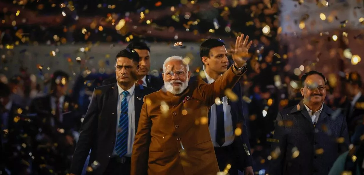 Primeiro-ministro da Índia, Narendra Modi, celebra vitória do partido em eleição de Délhi
08/02/2025
