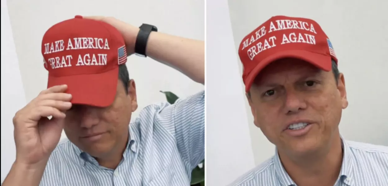 Tarcísio de Freitas usa boné com slogan da campanha de Donald Trump