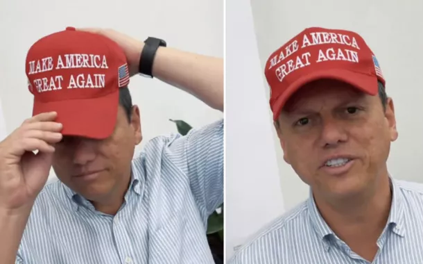 Tarcísio de Freitas usa boné com slogan da campanha de Donald Trump