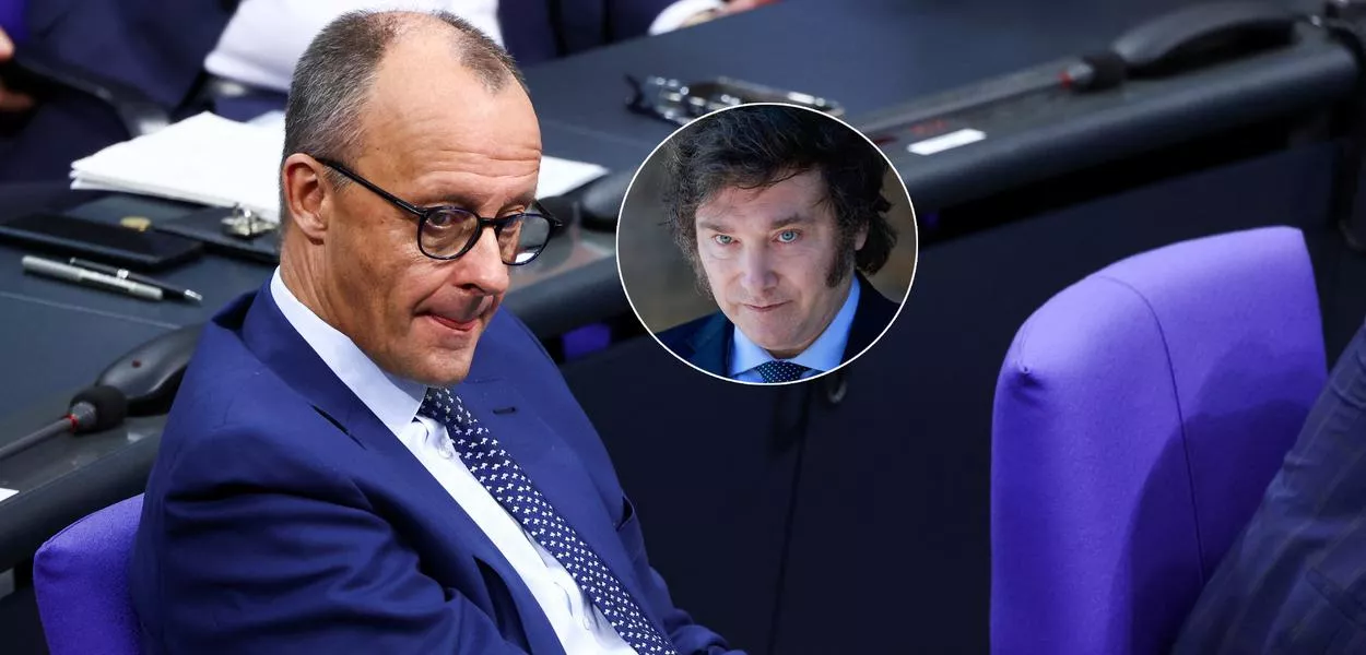 Friedrich Merz (à esq.) e Javier Milei