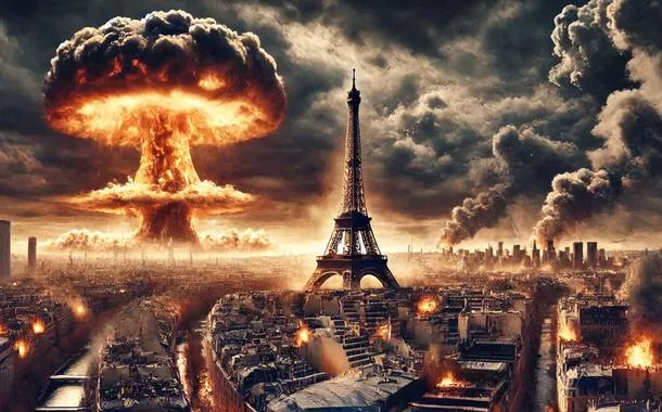 Simulação de Paris, França, sendo devastada por bombas nucleares
