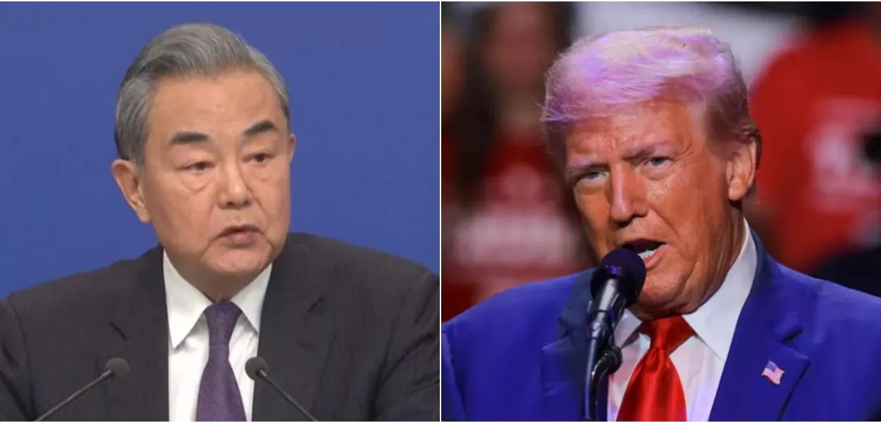 Wang Yi, chanceler da China, e Donald Trump, presidente dos EUA