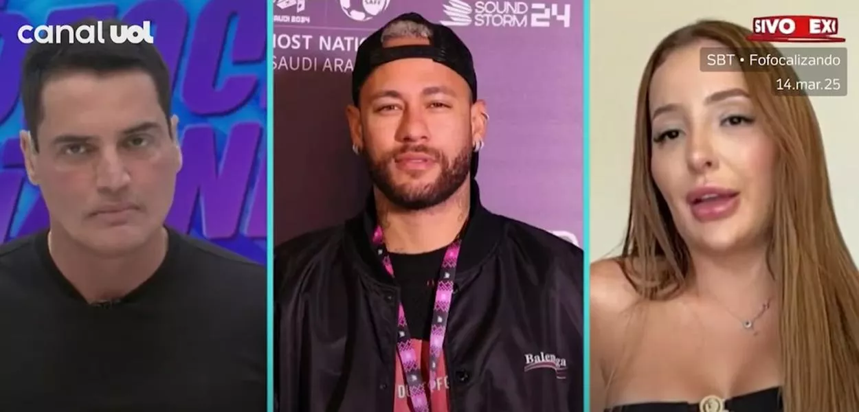 Da esq. para a dir.: jornalista Leo Dias, jogador Neymar e a Any Awuada