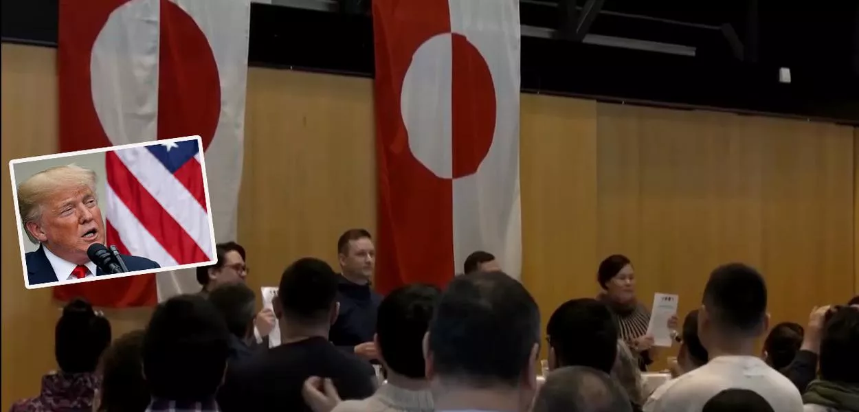 Políticos da Groenlândia, duas bandeiras da região, Donald Trump (esq. no quadrado) e a bandeira dos EUA