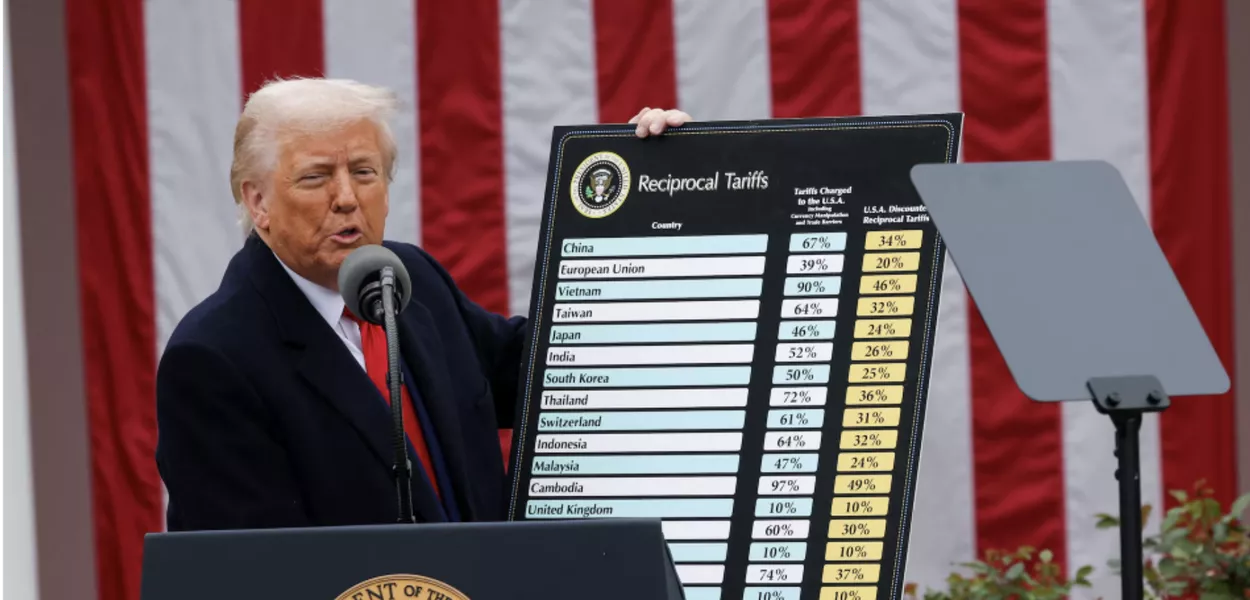 O presidente dos EUA, Donald Trump, faz comentários sobre tarifas no Rose Garden na Casa Branca em Washington, D.C., EUA, 2 de abril de 2025
