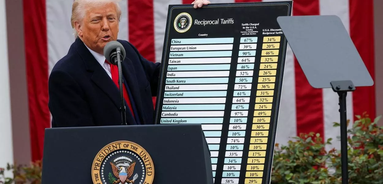 Presidente dos EUA, Donald Trump, dá detalhes sobre tarifas no Rose Garden da Casa Branca em Washington, D.C.
