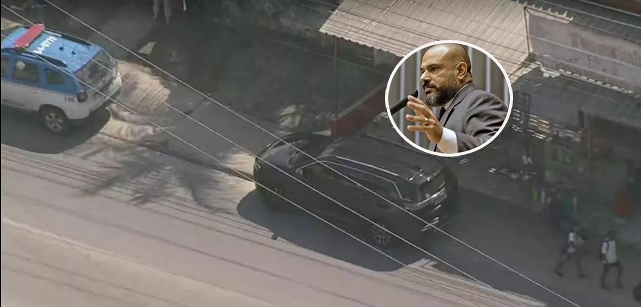 Vista aérea de carro alvo de tiros e o Sargento Portugal (Pode-RJ)