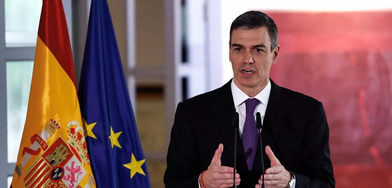 Primeiro-ministro da Espanha, Pedro Sánchez, durante entrevista coletiva em Pequim -11/04/2025