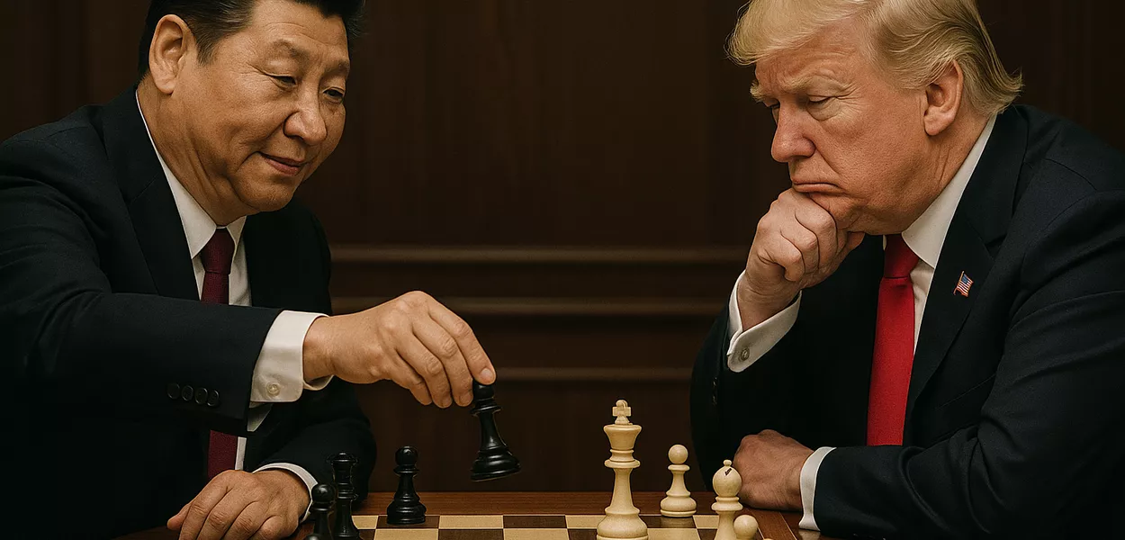 Simulação de Xi Jinping jogando xadrez contra Donald Trump