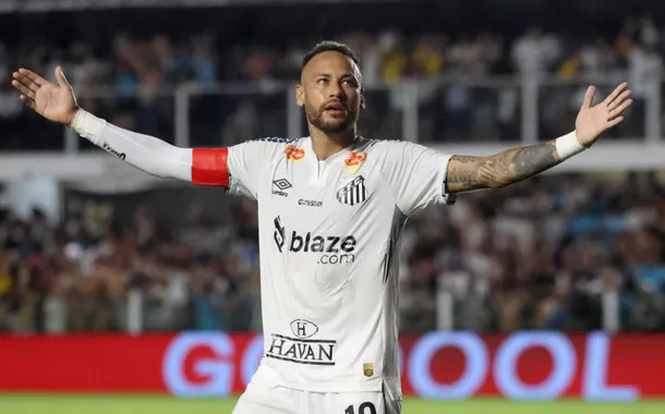 Futebol - Campeonato Paulista - Santos x Água Santa - Estádio Urbano Caldeira, Santos, Brasil - 16 de fevereiro de 2025 Neymar, do Santos, comemora seu primeiro gol  em retorno à Vila Belmiro