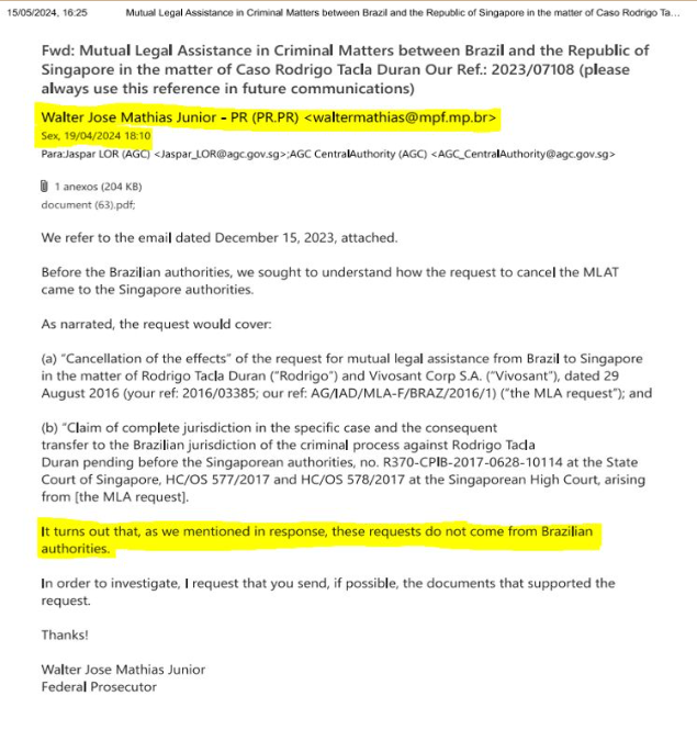 O e-mail enviado pelo procurador brasileiro
