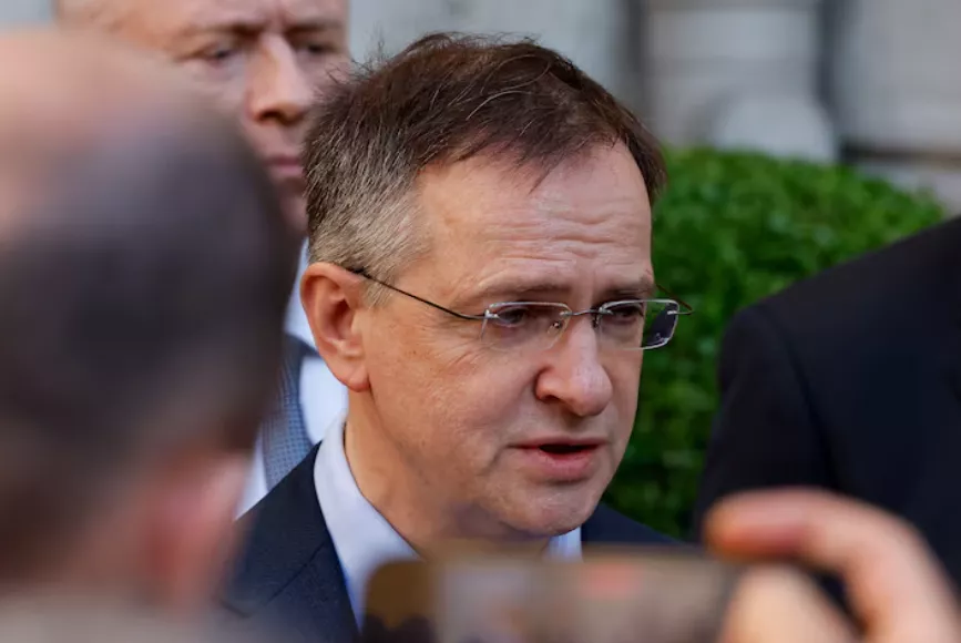 Vladimir Medinsky, head of the Russian delegation in Istanbul for potential peace talks with Ukraine, speaks to the media, in Istanbul, Turkey, May 15, 2025