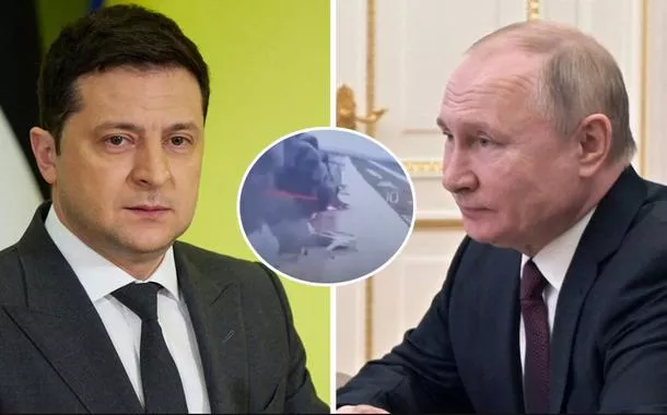 Volodymyr Zelensky, Vladimir Putin e aviões sendo destruídos