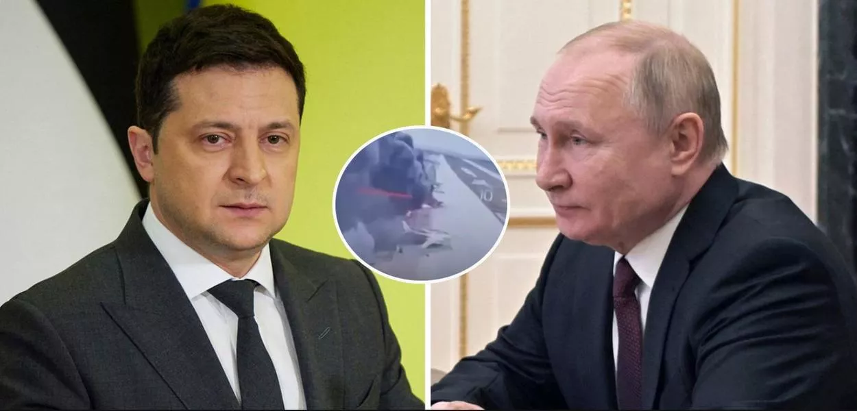 Volodymyr Zelensky, Vladimir Putin e aviões sendo destruídos