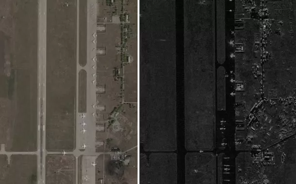 Uma imagem combinada mostra imagens de satélite do campo de aviação de Belaya, antes e depois do ataque de drones ucranianos contra campos de aviação militares russos, em meio à invasão russa da Ucrânia, na região de Irkutsk, Rússia, em 17 de maio de 2025 à esquerda e em 2 de junho de 2025 à direita