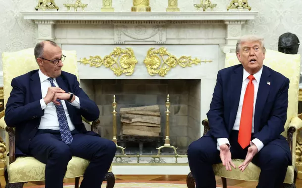 O presidente dos EUA, Donald Trump, encontra-se com o chanceler alemão, Friedrich Merz, na Casa Branca, em Washington, DC, EUA, em 5 de junho de 2025
