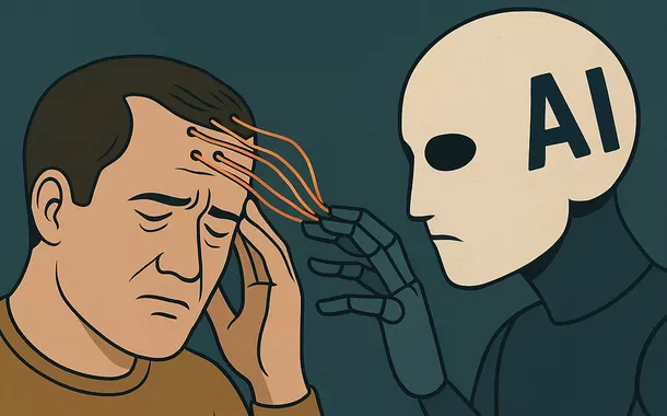 Representação da inteligência artificial controlando os pensamentos do ser humano