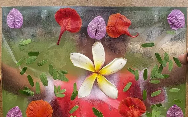 Criança exibe quadro de flores
