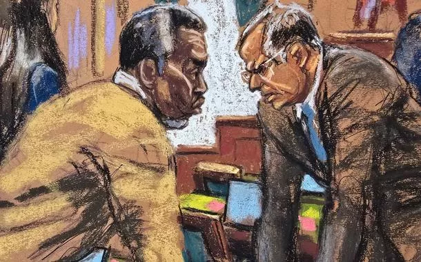 Sean "Diddy" Combs em desenho de tribunal com advogado Marc Agnifilo
 1/7/2025    REUTERS/Jane Rosenberg