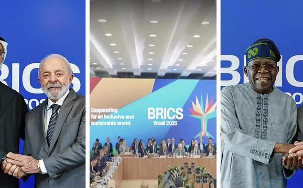 Príncipe Herdeiro de Abu Dhabi, Xeique Khaled bin Mohamed bin Zayed Al Nahyan, o presidente da República, Luiz Inácio Lula da Silva, evento do BRICS no Rio e o presidente da Nigéria, Bola Ahmed Tinubu